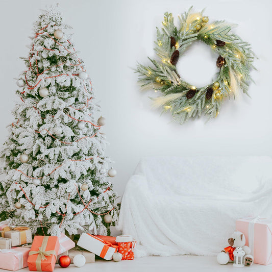 Chuangdi 24" Lighted Norfolk Pine Pampas Christmas Wreath with Pine Cones