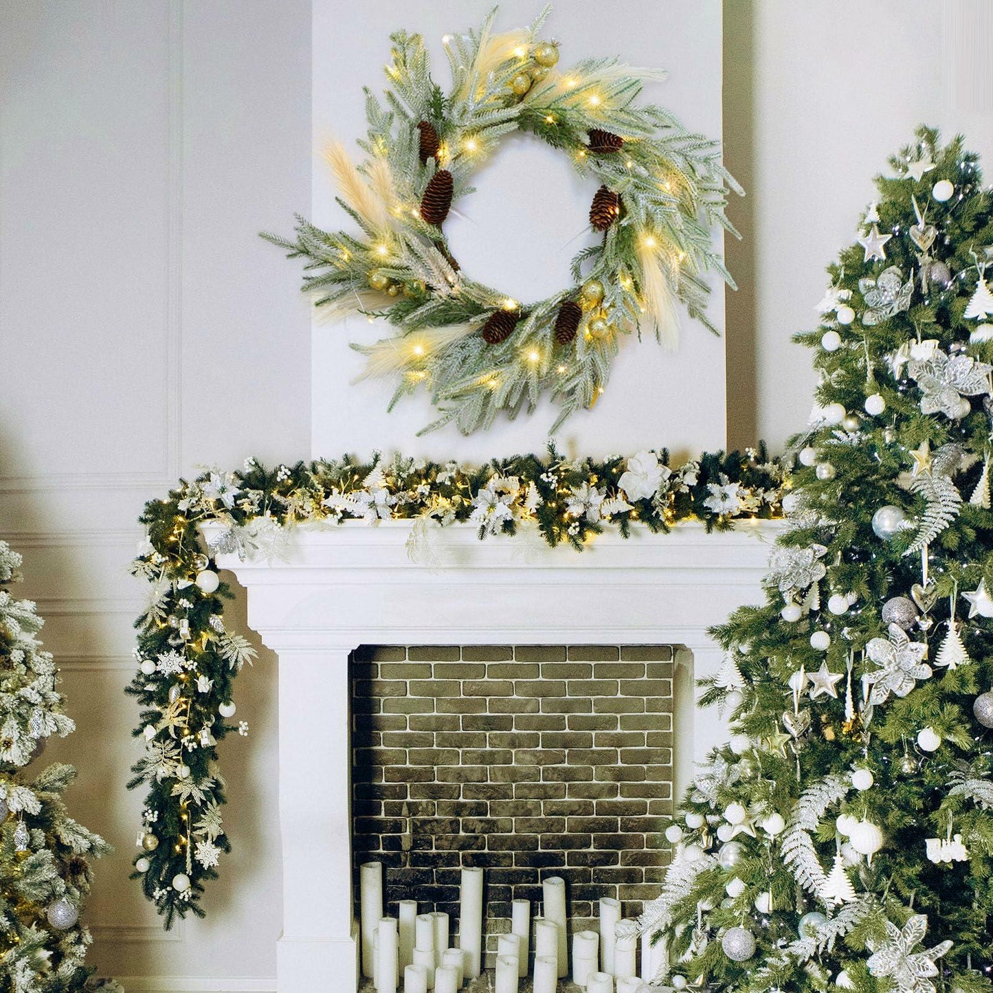 Chuangdi 24" Lighted Norfolk Pine Pampas Christmas Wreath with Pine Cones