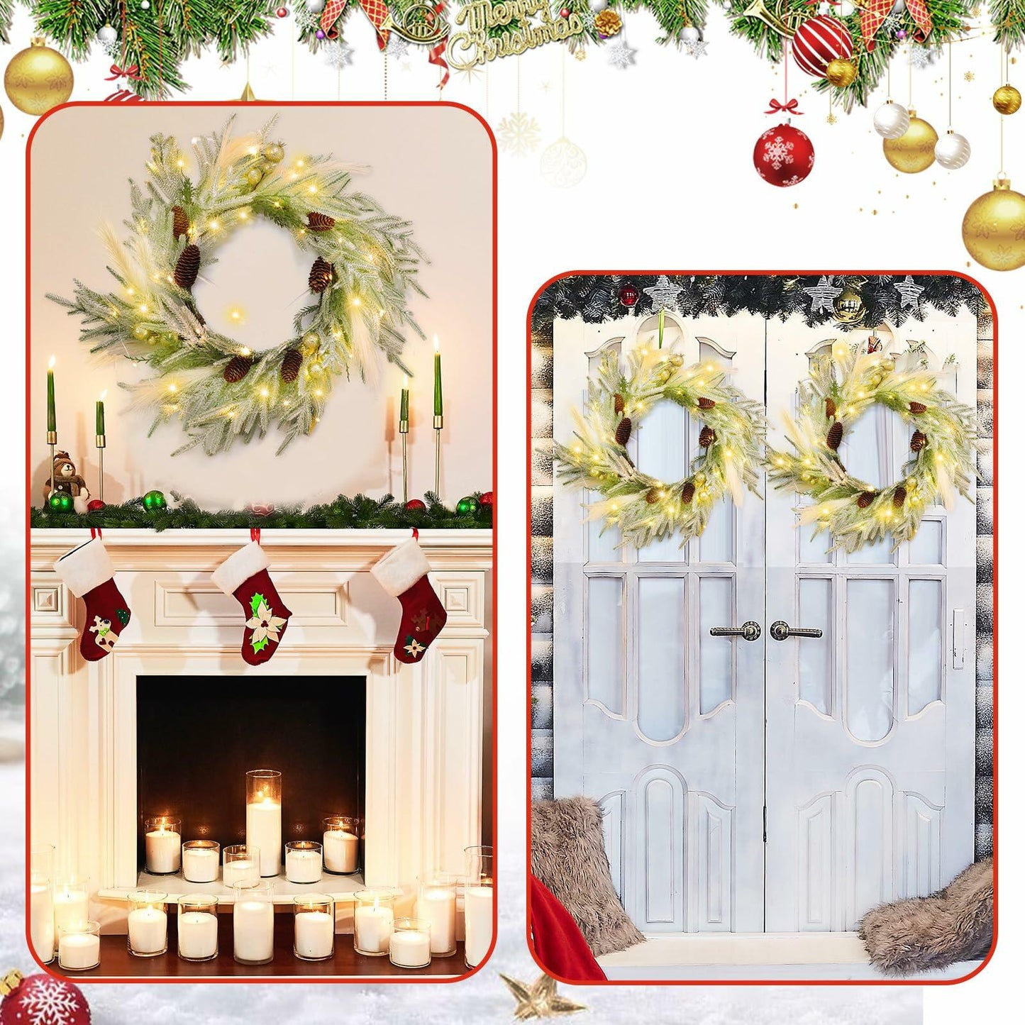 Chuangdi 24" Lighted Norfolk Pine Pampas Christmas Wreath with Pine Cones
