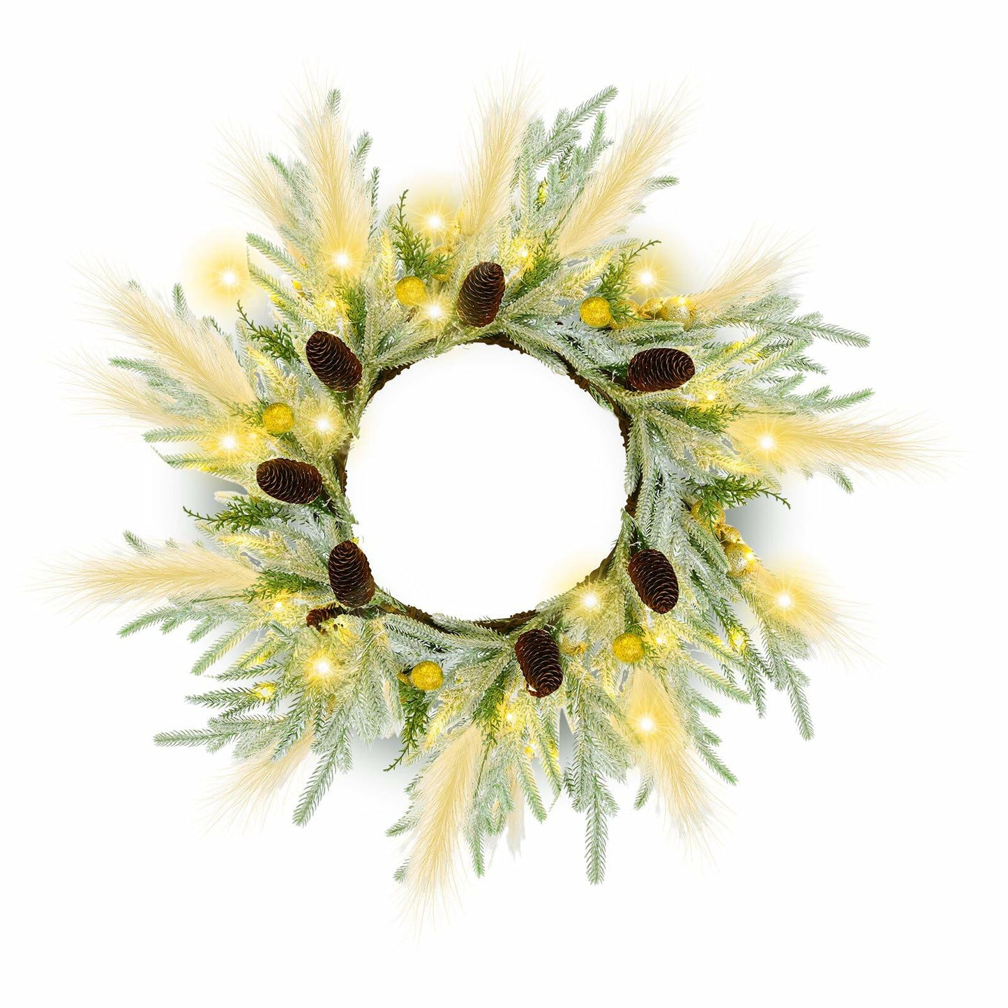 Chuangdi 24" Lighted Norfolk Pine Pampas Christmas Wreath with Pine Cones