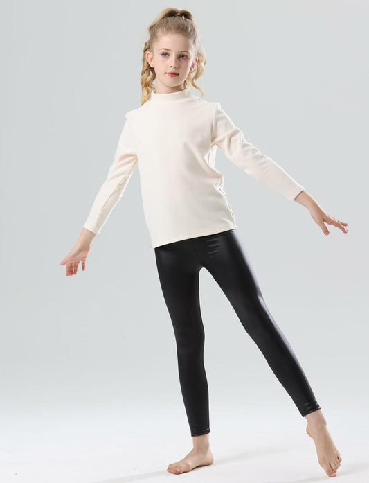 CVVTEE Girls Faux Leather Stretch Leggings Black Fleece-Lined Size 12
