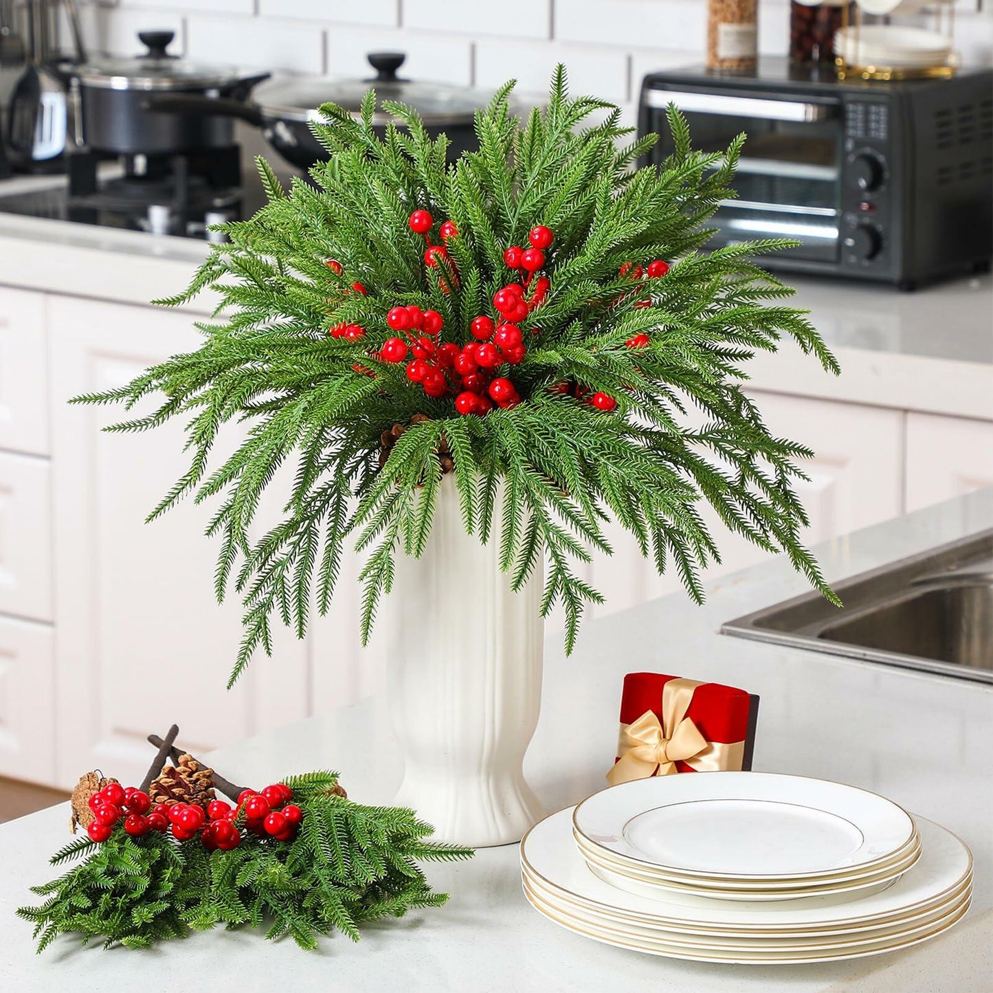 Riceshoot 12 Pcs Norfolk Pine Branches with Red Berries Pine Cones 17.7" Green