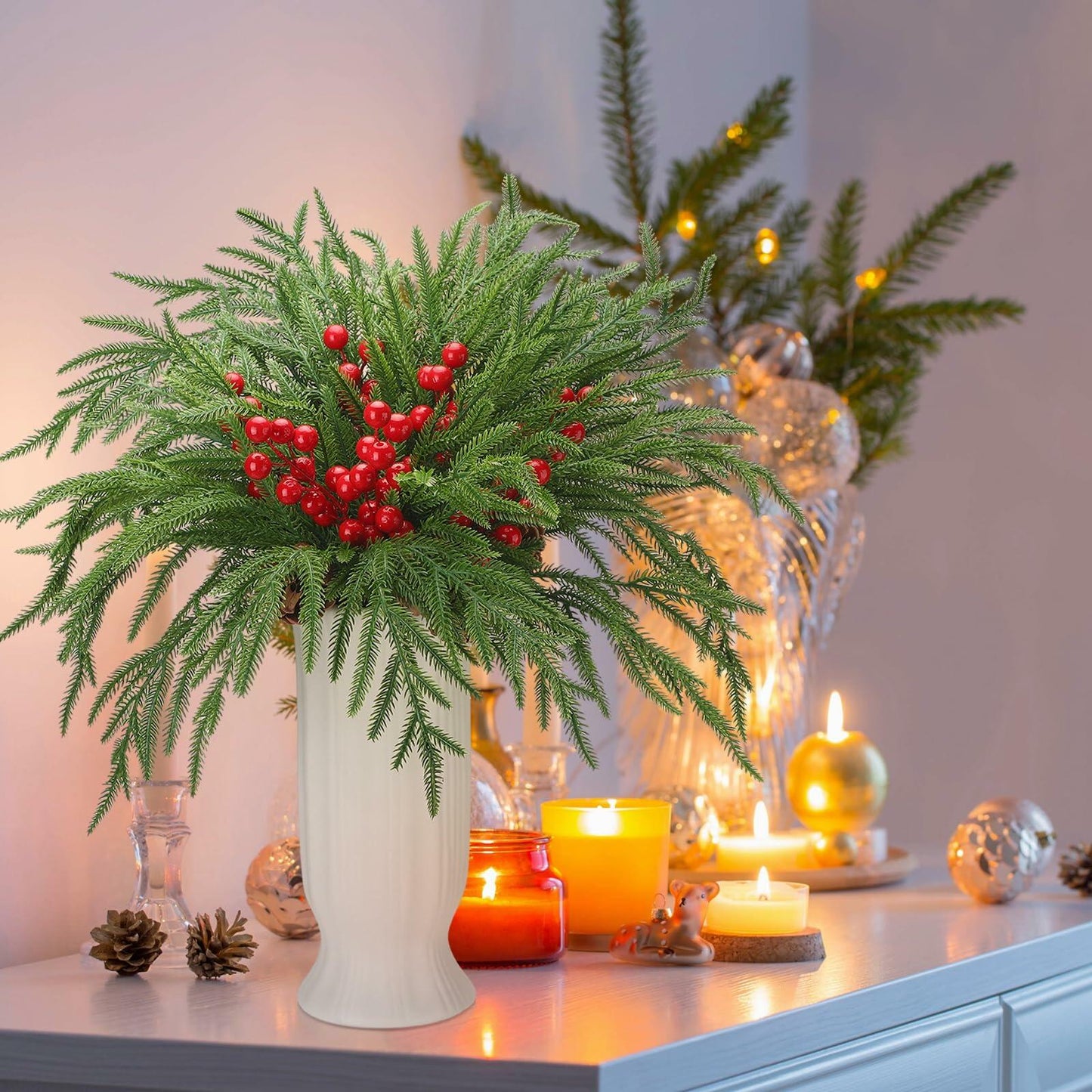 Riceshoot 12 Pcs Norfolk Pine Branches with Red Berries Pine Cones 17.7" Green