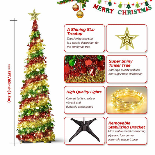Miracleart 5FT Pop Up Christmas Tree LED Lights Tree Topper Red Green Gold US2ft