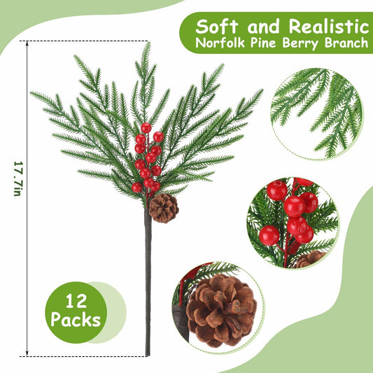 Riceshoot 12 Pcs Norfolk Pine Branches with Red Berries Pine Cones 17.7" Green