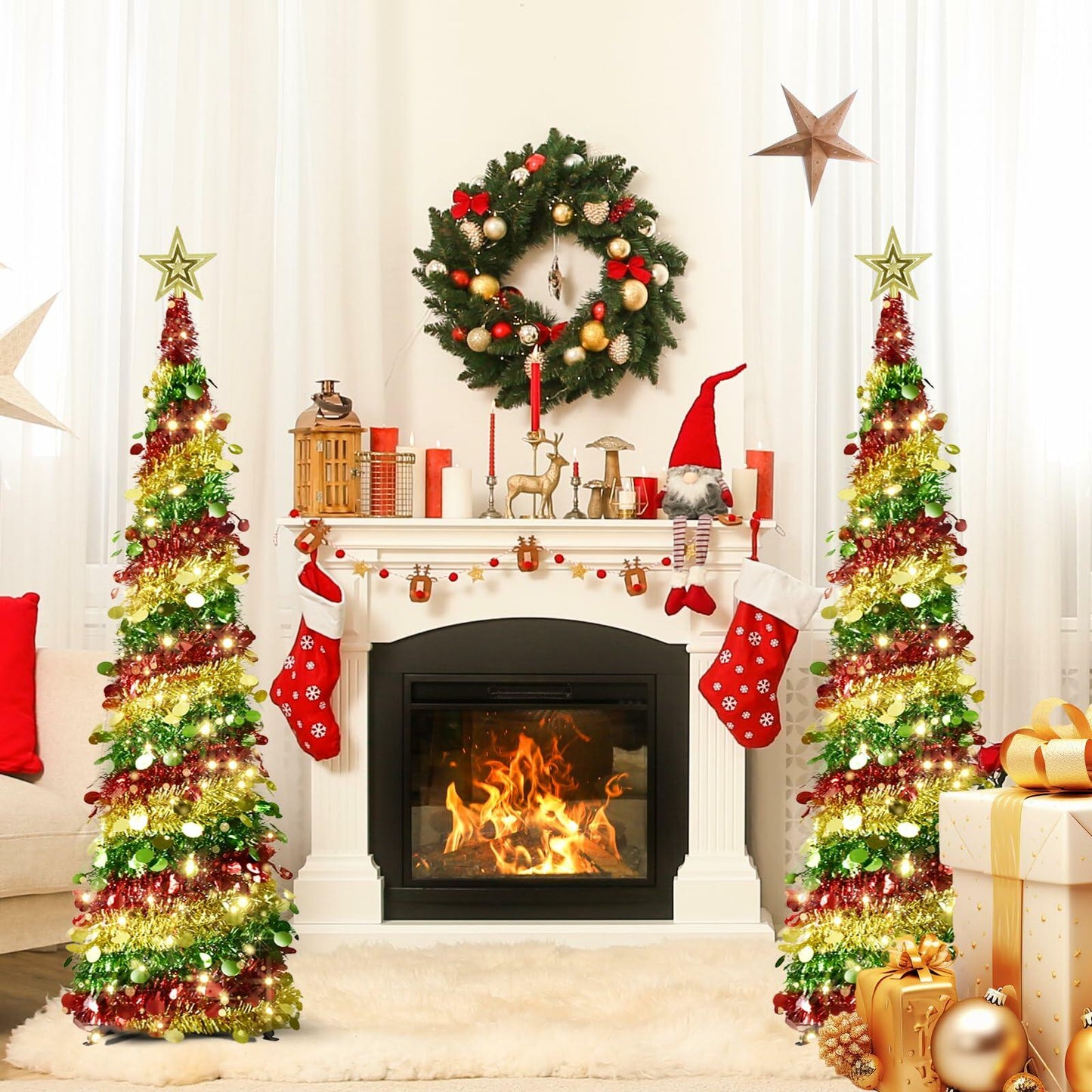 Miracleart 5FT Pop Up Christmas Tree LED Lights Tree Topper Red Green Gold US2ft