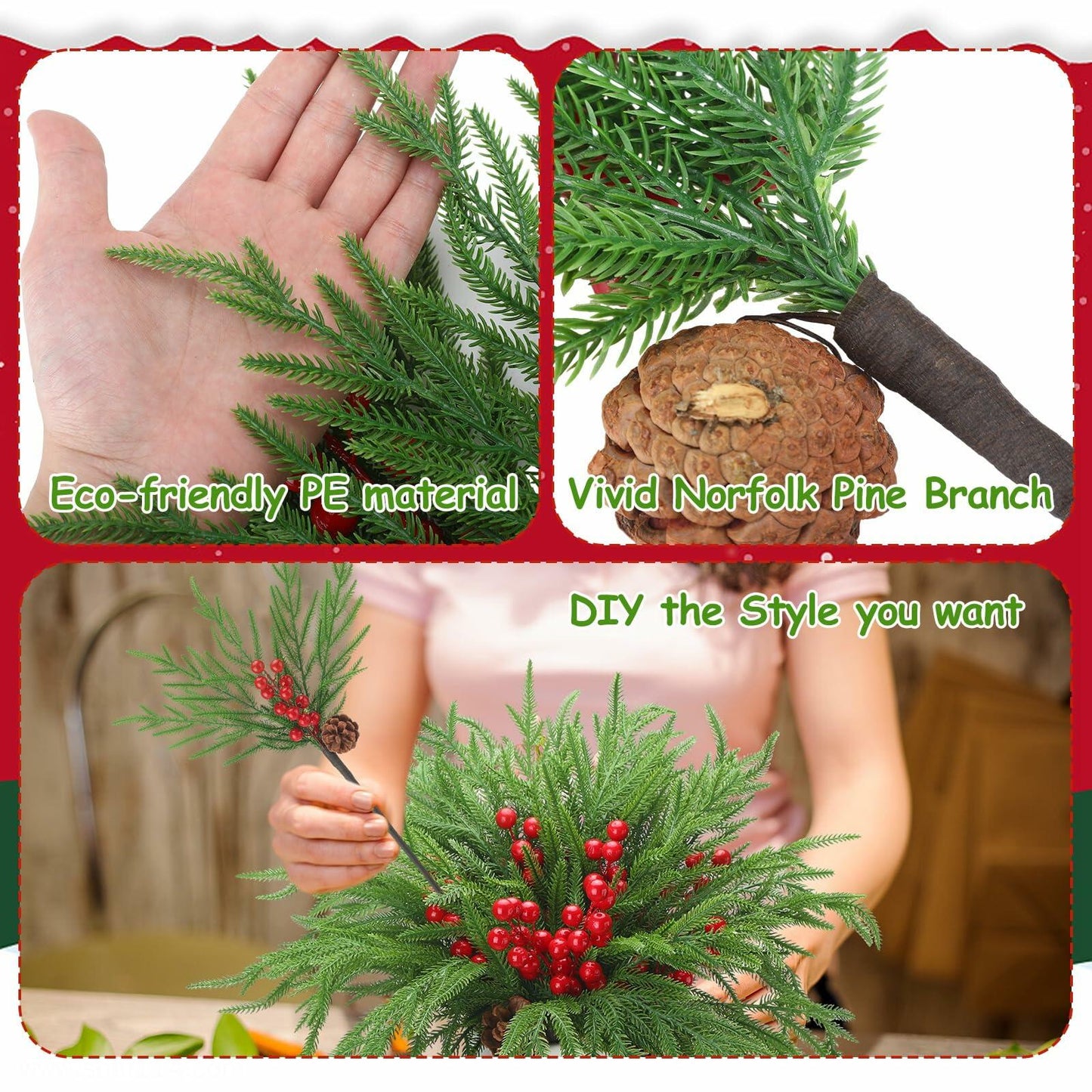 Riceshoot 12 Pcs Norfolk Pine Branches with Red Berries Pine Cones 17.7" Green