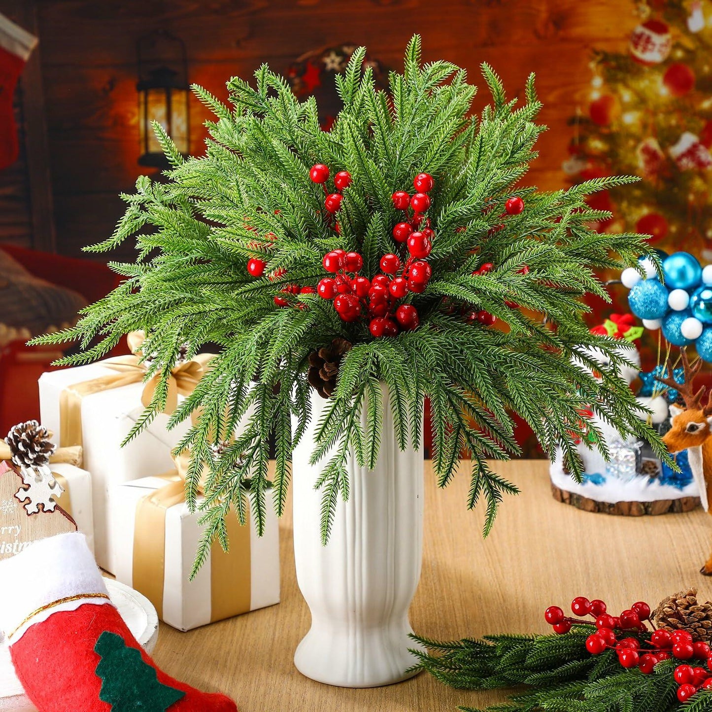 Riceshoot 12 Pcs Norfolk Pine Branches with Red Berries Pine Cones 17.7" Green