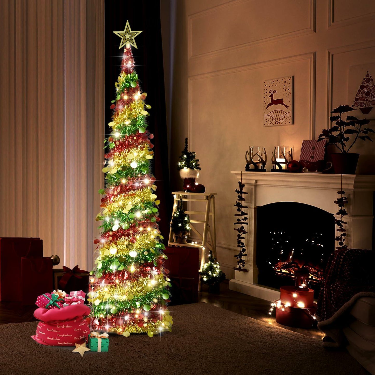 Miracleart 5FT Pop Up Christmas Tree LED Lights Tree Topper Red Green Gold US2ft