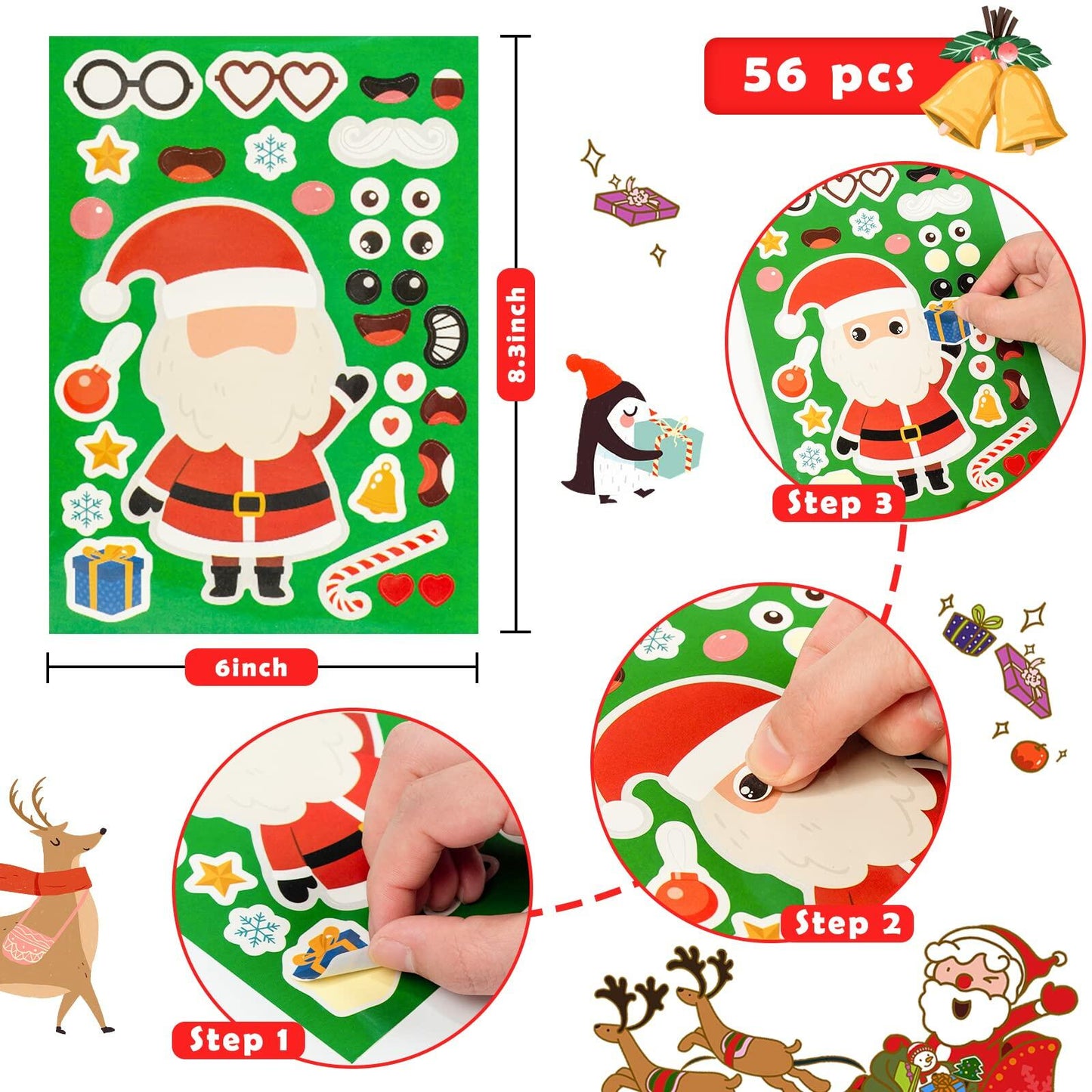 LovesTown 56PCS Waterproof Christmas Face Stickers for Kids Party Favors