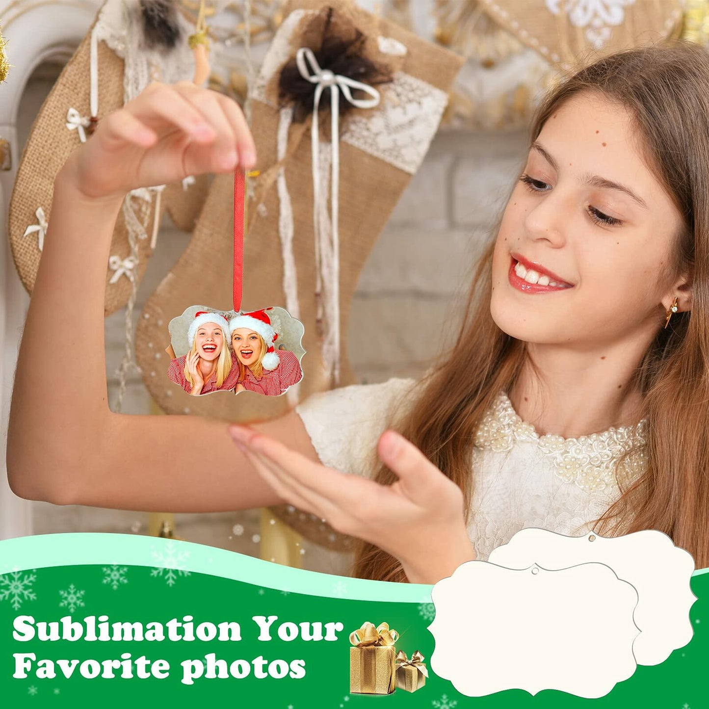 Jetec 15Pcs Christmas Sublimation MDF Ornaments 4.3x2.8in Double Sided RedString