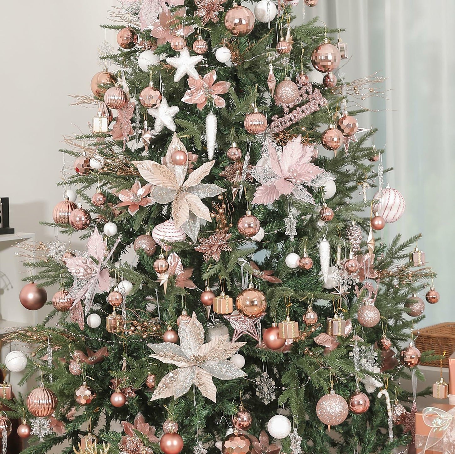 YiYunFloral Christmas Ball Ornaments 36pcs 6 Styles 3 Sizes Rose Gold