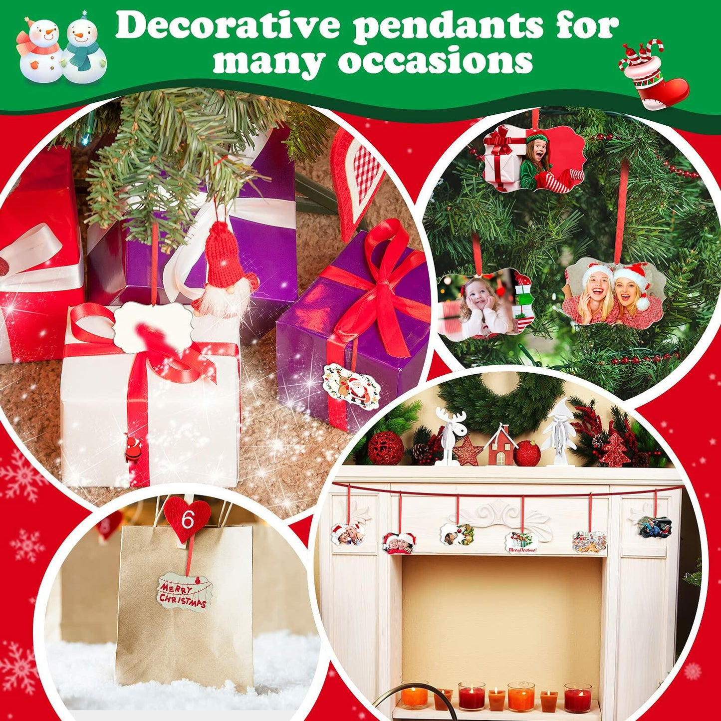 Jetec 15Pcs Christmas Sublimation MDF Ornaments 4.3x2.8in Double Sided RedString