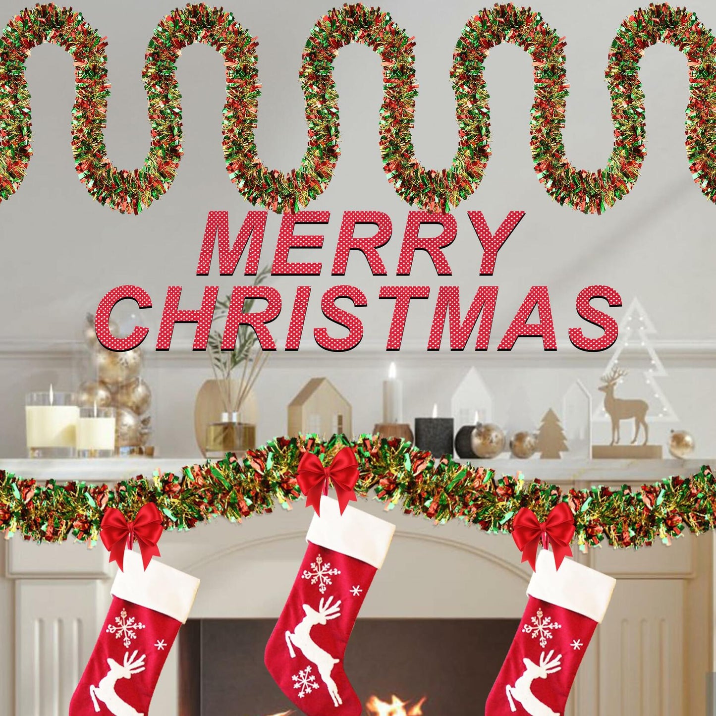 50 Ft Christmas Tinsel Garland Metallic Green Red Gold Twist Indoor Decor