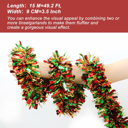 50 Ft Christmas Tinsel Garland Metallic Green Red Gold Twist Indoor Decor