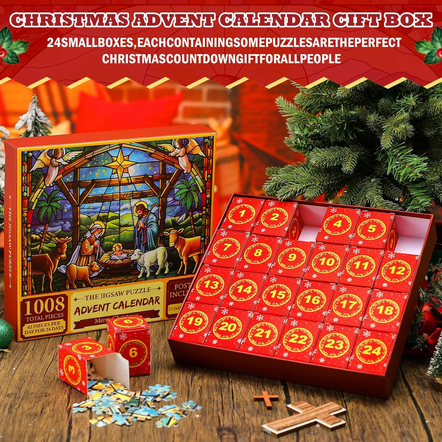 Simgoing 1008 Pc Christmas Advent Calendar Puzzle 19.69x27.56 Rustic