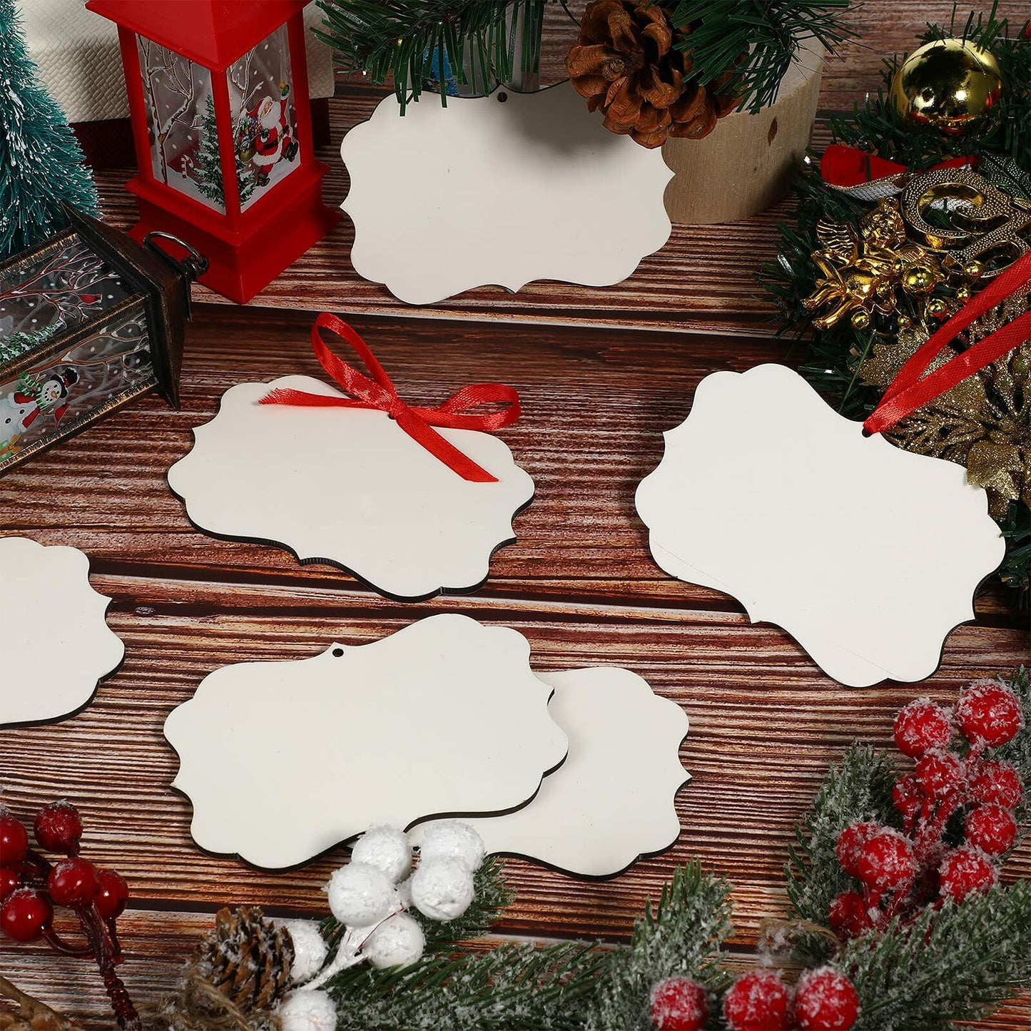 Jetec 15Pcs Christmas Sublimation MDF Ornaments 4.3x2.8in Double Sided RedString