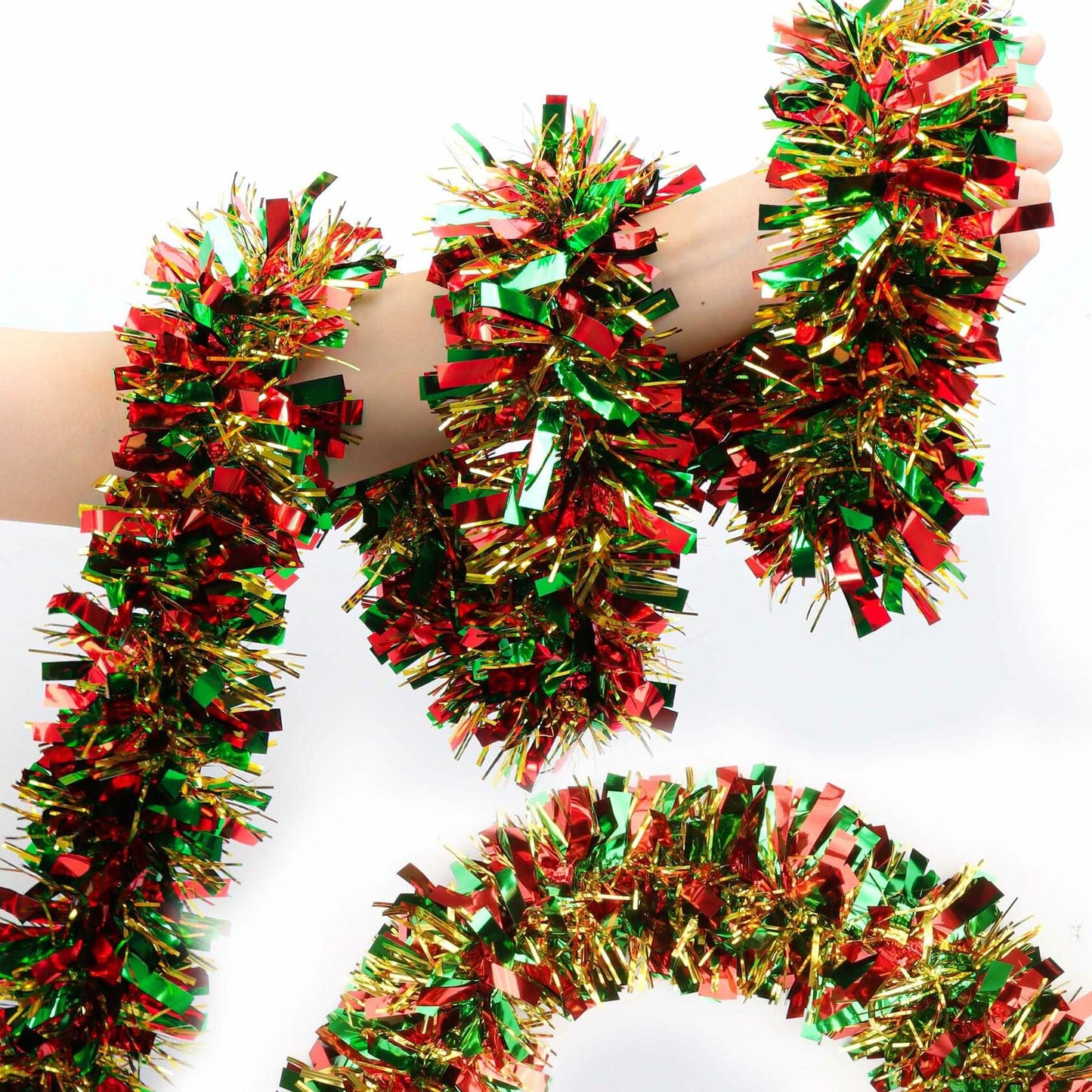 50 Ft Christmas Tinsel Garland Metallic Green Red Gold Twist Indoor Decor