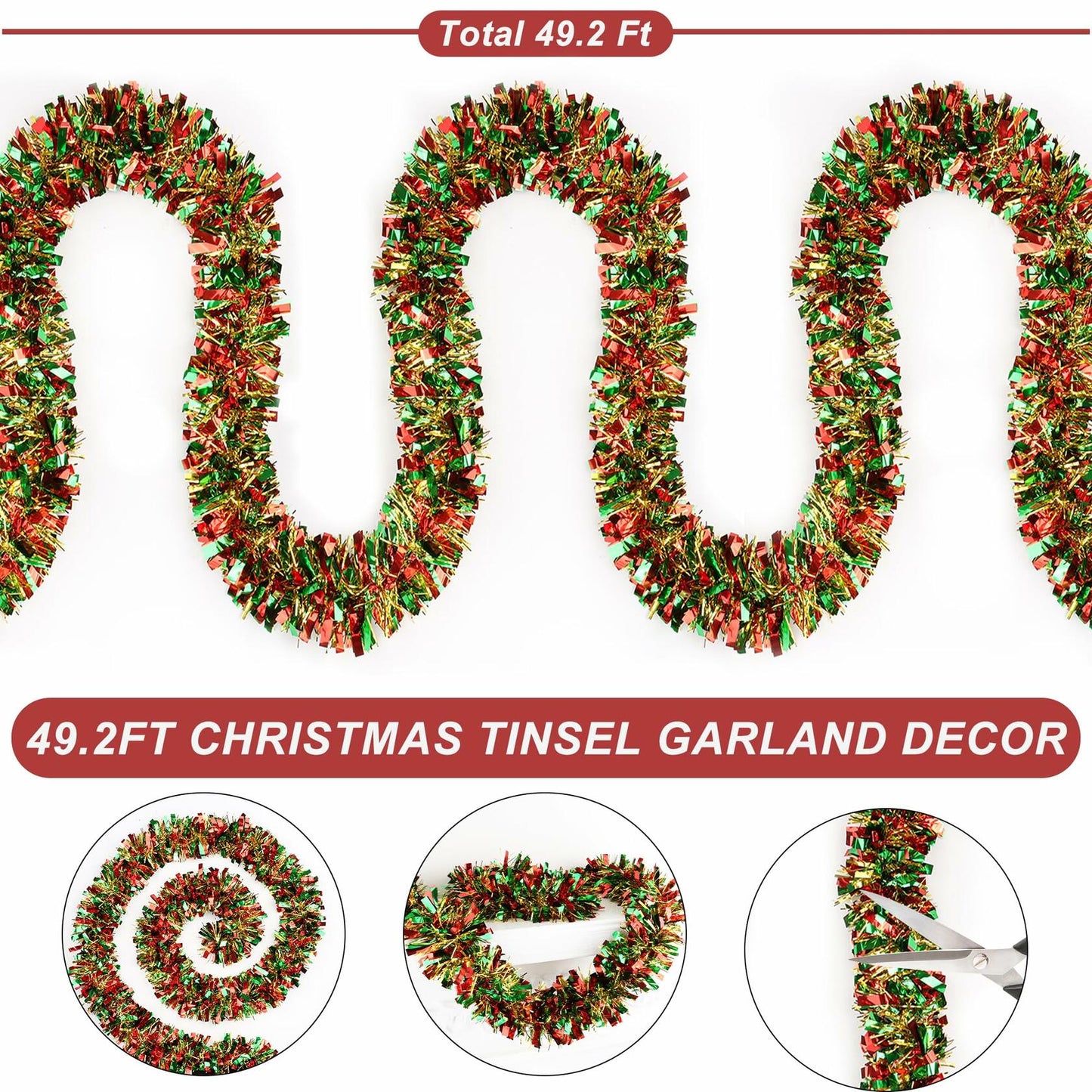 50 Ft Christmas Tinsel Garland Metallic Green Red Gold Twist Indoor Decor