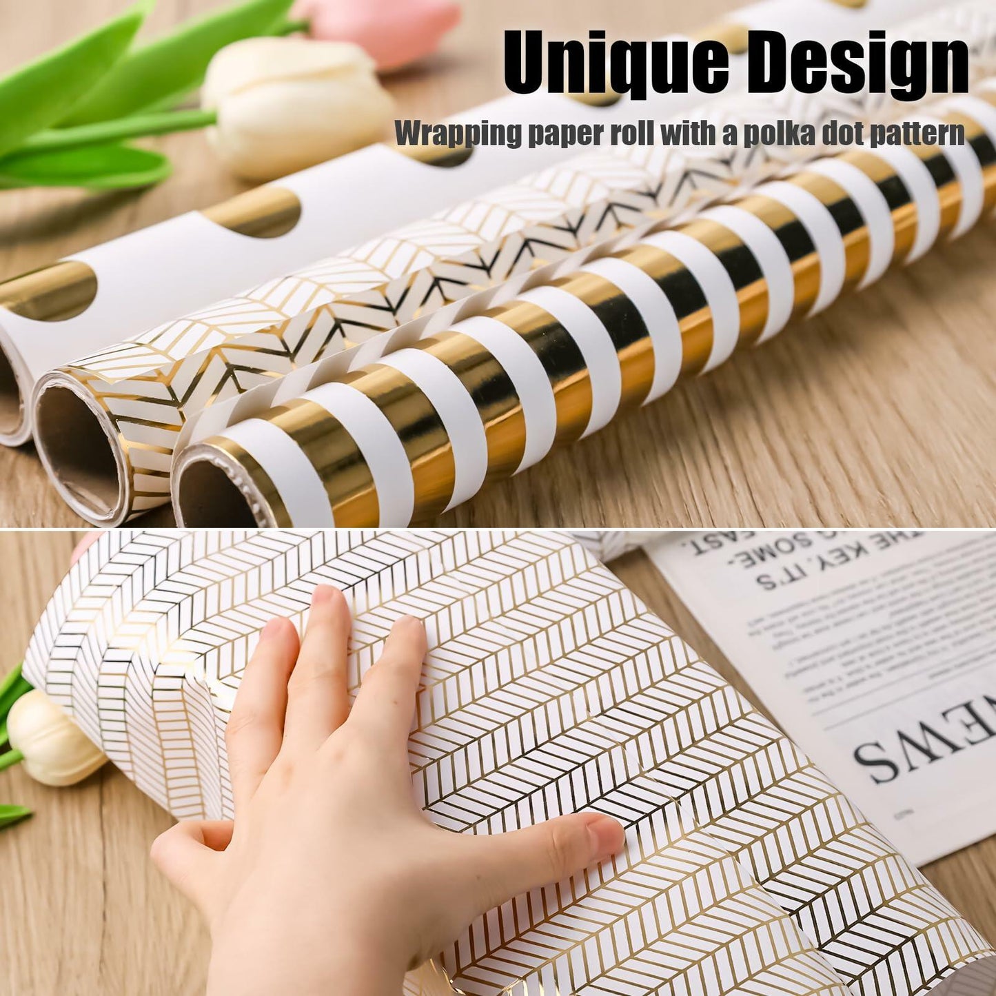 Koogel Wrapping Paper Roll 3 PCS Gold White 17x120 Inch Party Wedding