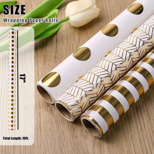 Koogel Wrapping Paper Roll 3 PCS Gold White 17x120 Inch Party Wedding