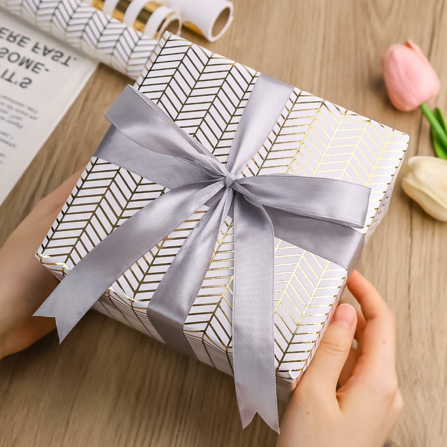 Koogel Wrapping Paper Roll 3 PCS Gold White 17x120 Inch Party Wedding