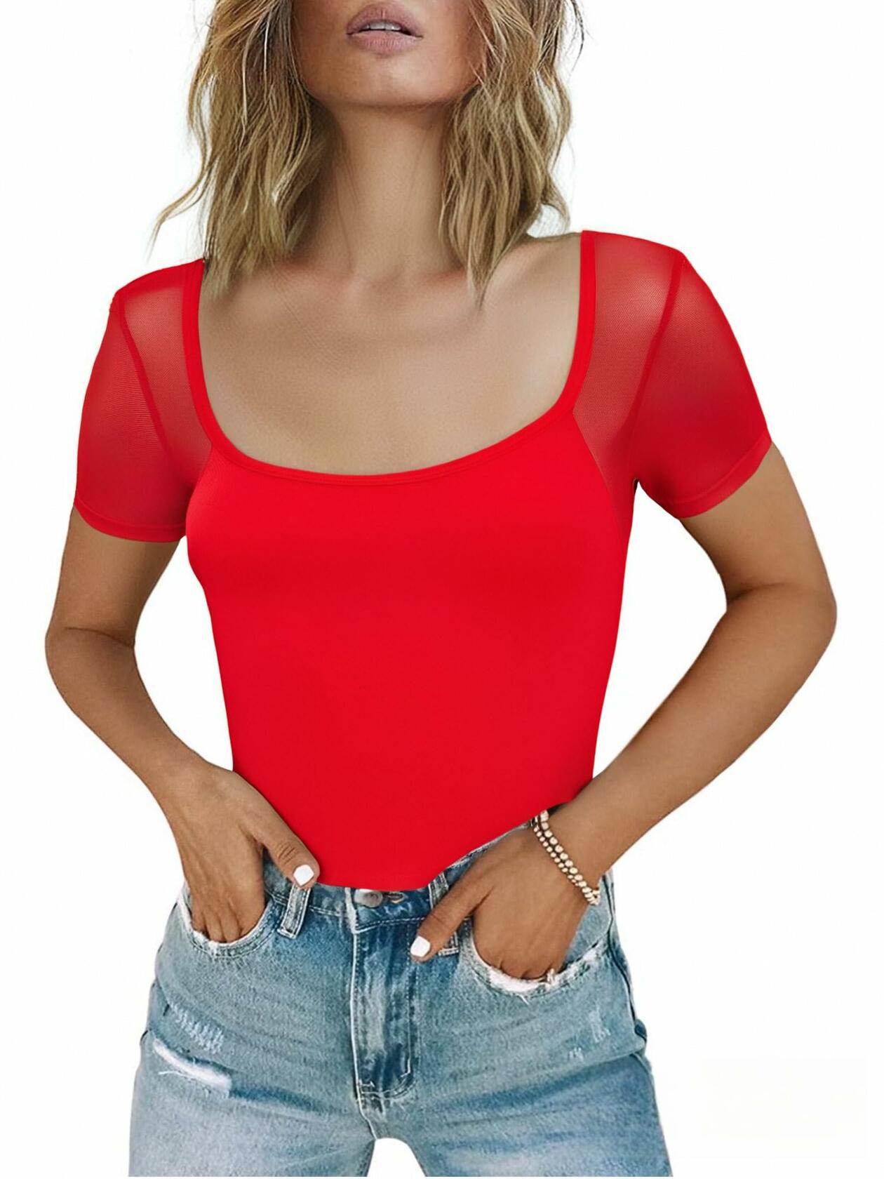 CRIPOM Red Mesh Square Neck Lace Bodysuit Women's Size S