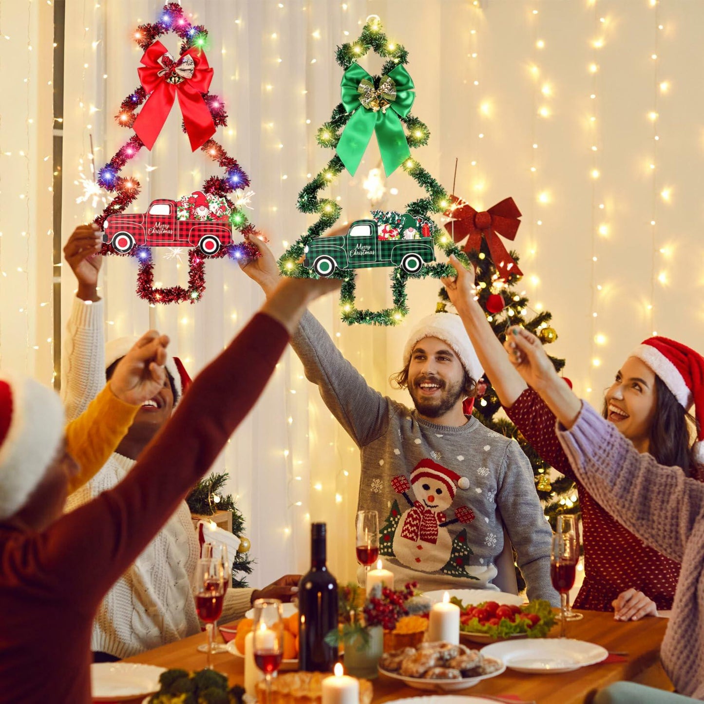 Liliful 2 Pcs LED Christmas Tree Lights with Red Green Tinsel Xmas Decor