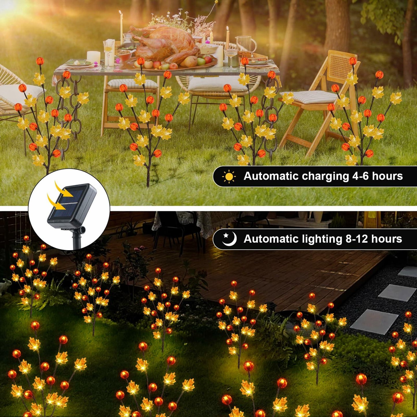 Fall Decor Solar Garden Lights 4PACK 80LED Pumpkin Maple Leaf Orange