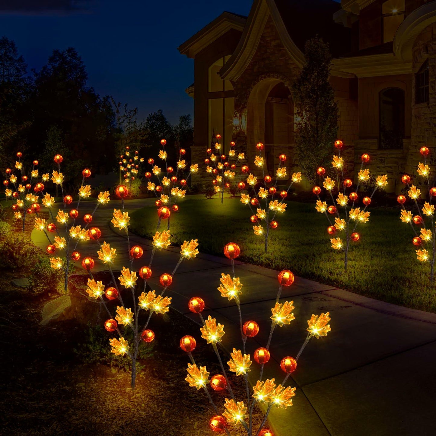 Fall Decor Solar Garden Lights 4PACK 80LED Pumpkin Maple Leaf Orange