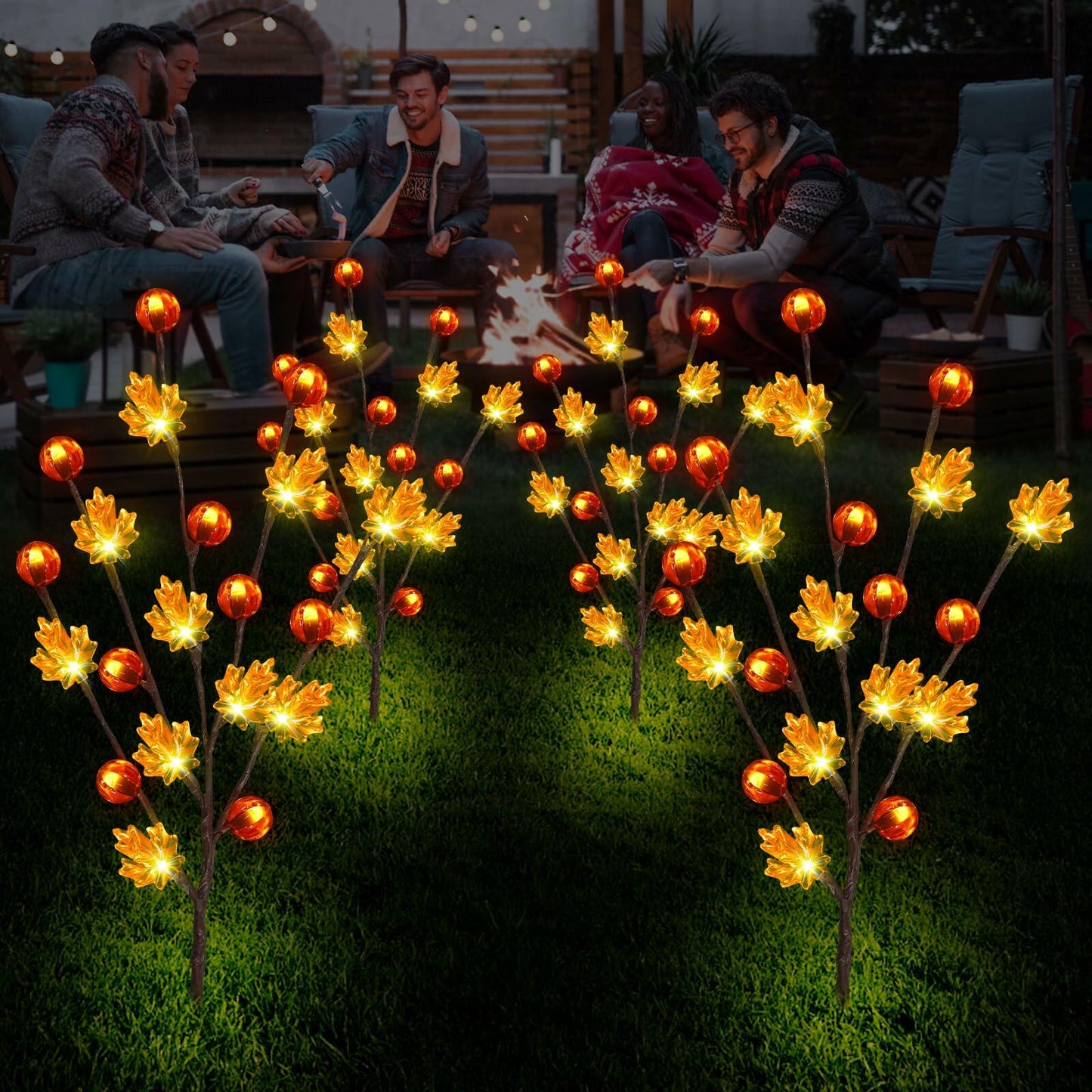 Fall Decor Solar Garden Lights 4PACK 80LED Pumpkin Maple Leaf Orange