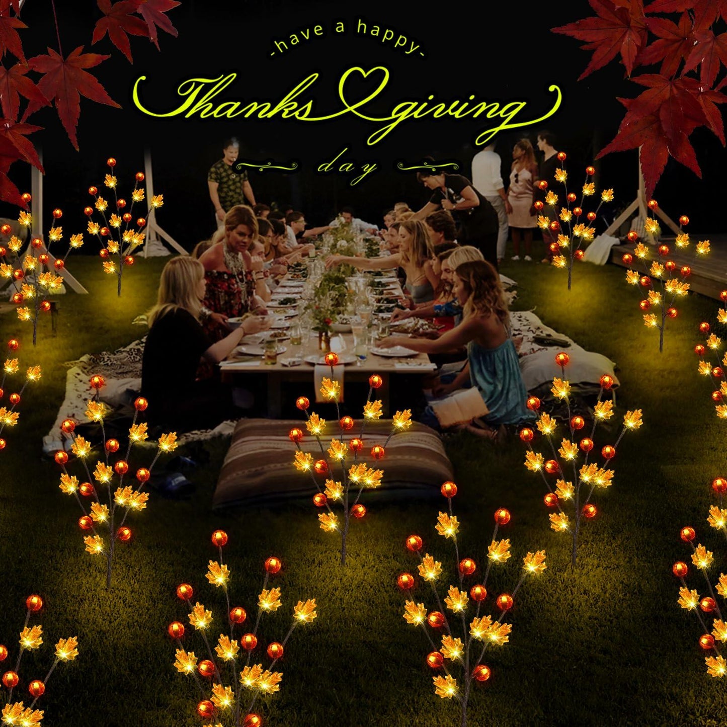 Fall Decor Solar Garden Lights 4PACK 80LED Pumpkin Maple Leaf Orange