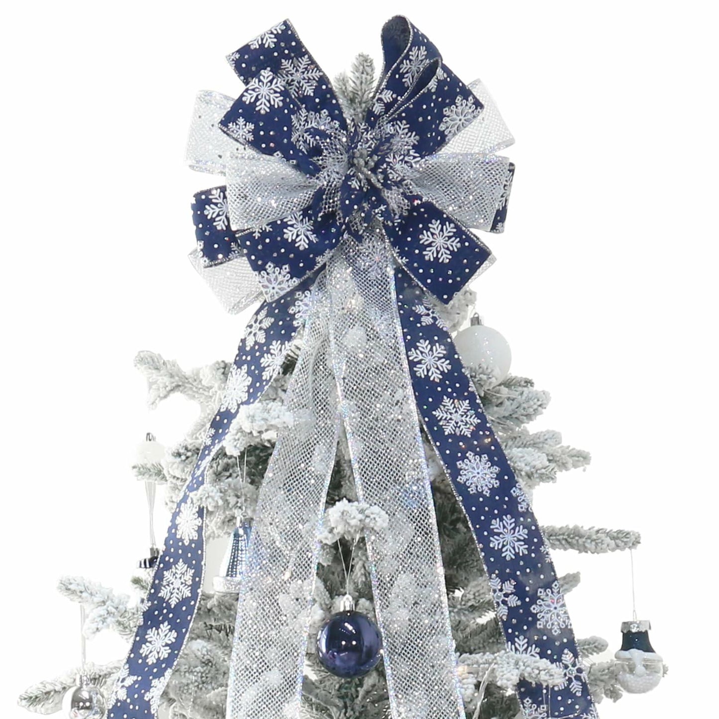 YINGQIWISH Christmas Tree Topper Large Bow Deep Blue White Indoor Outdoor