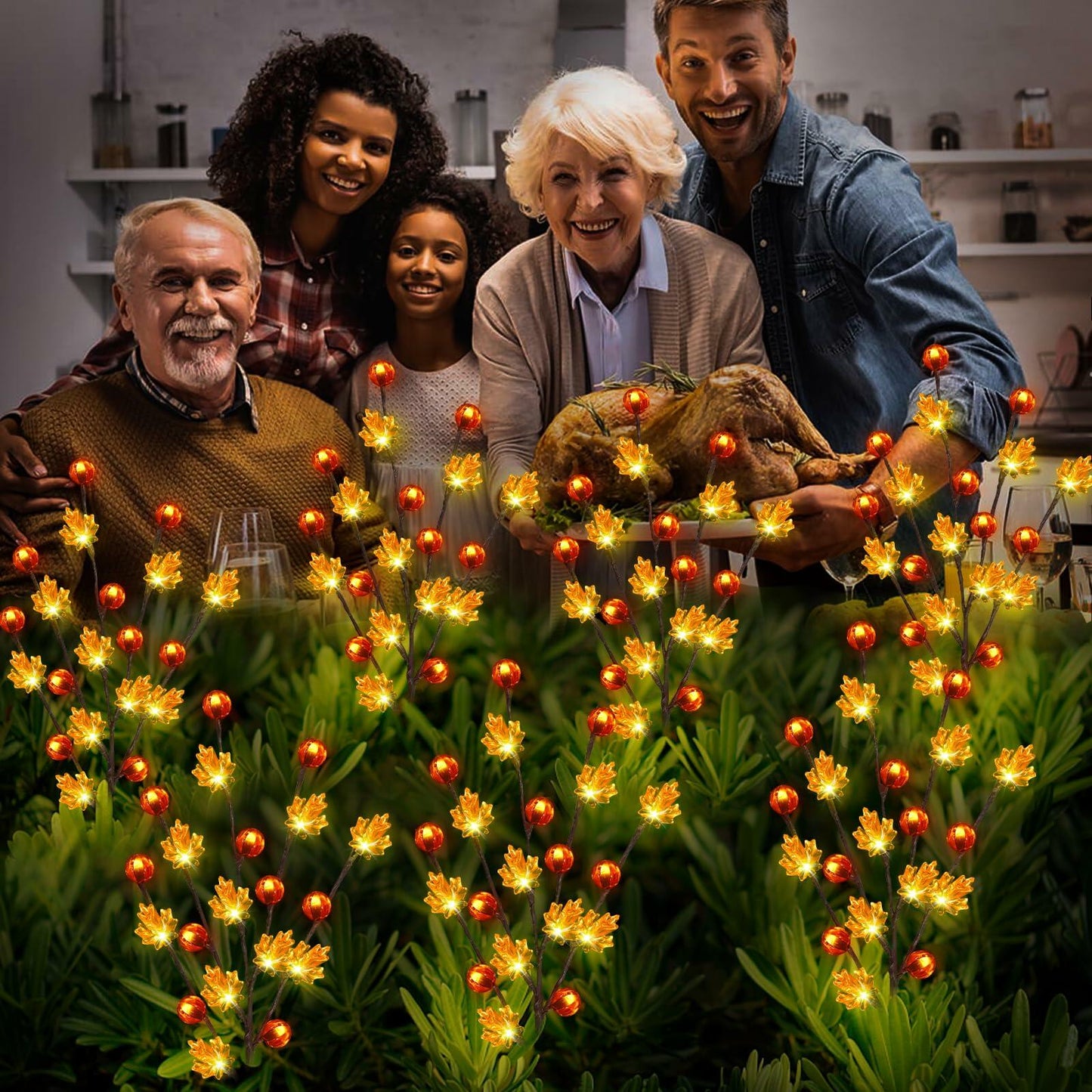 Fall Decor Solar Garden Lights 4PACK 80LED Pumpkin Maple Leaf Orange