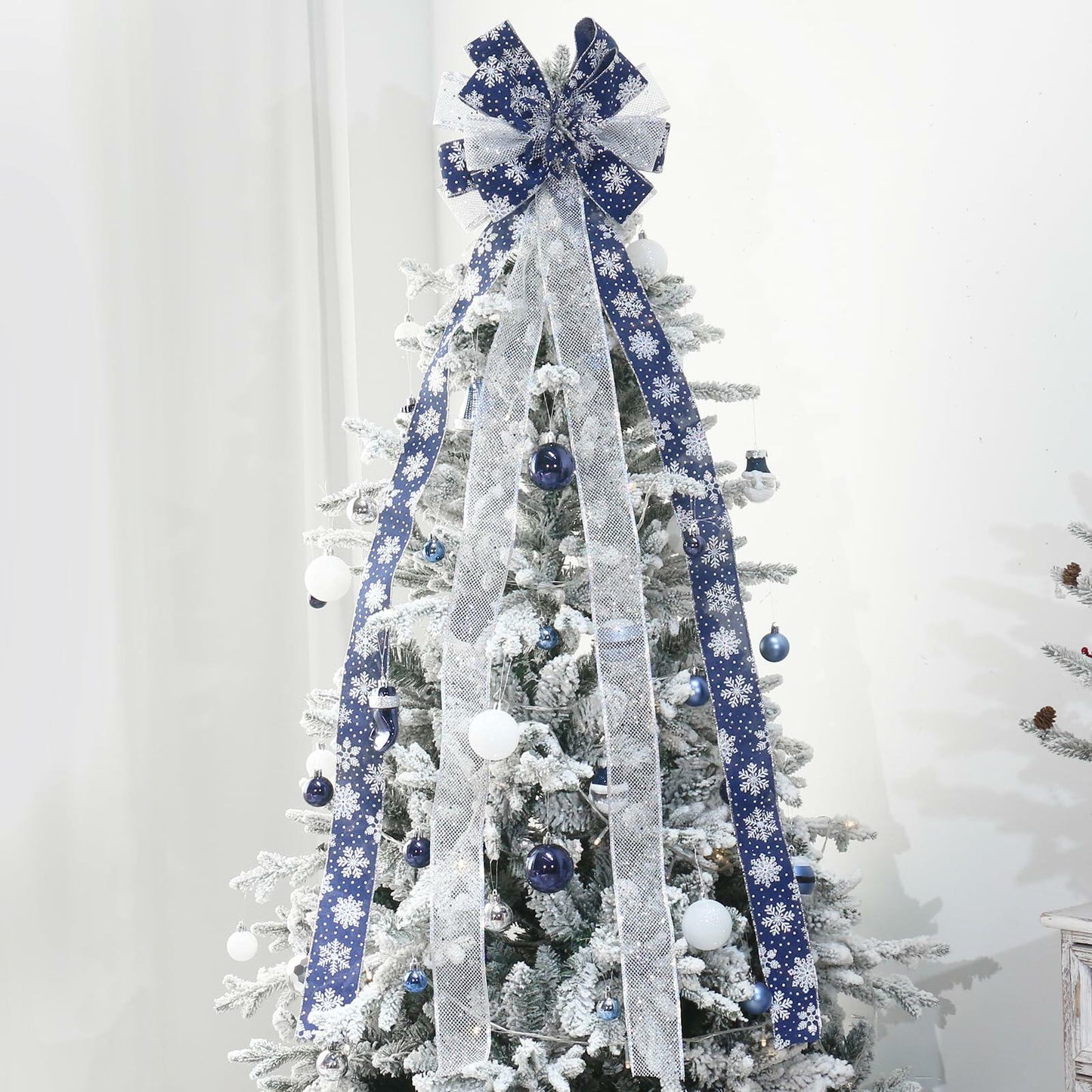 YINGQIWISH Christmas Tree Topper Large Bow Deep Blue White Indoor Outdoor