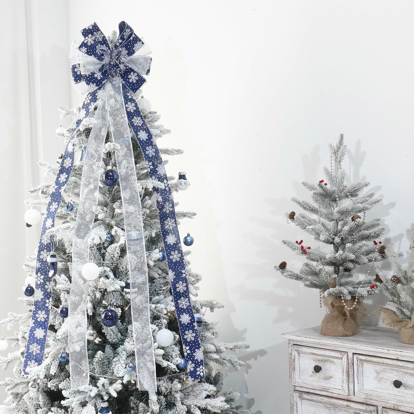 YINGQIWISH Christmas Tree Topper Large Bow Deep Blue White Indoor Outdoor