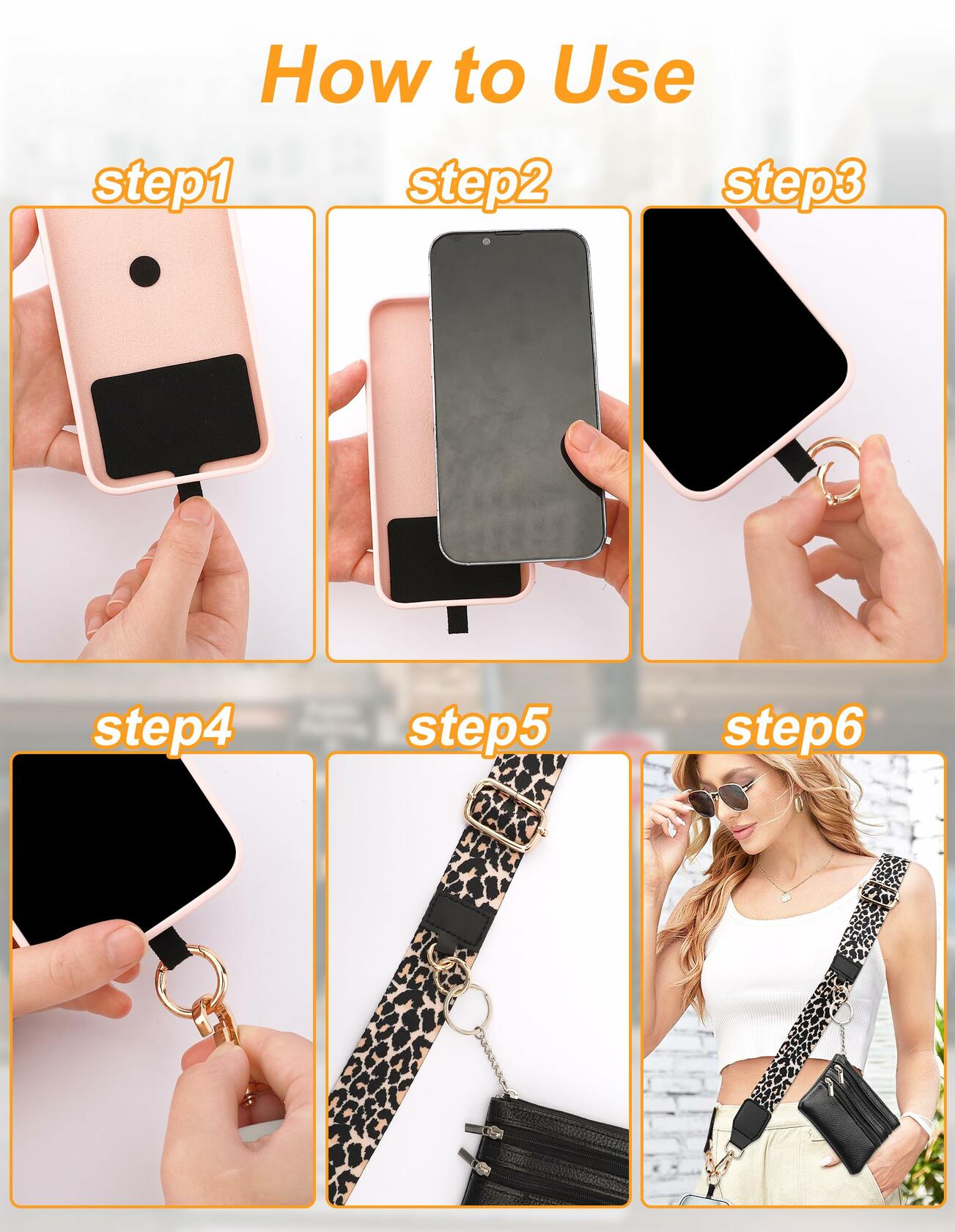 Jusy Clip and Go Phone Strap with Wallet Crossbody Leopard Adjustable Lanyard
