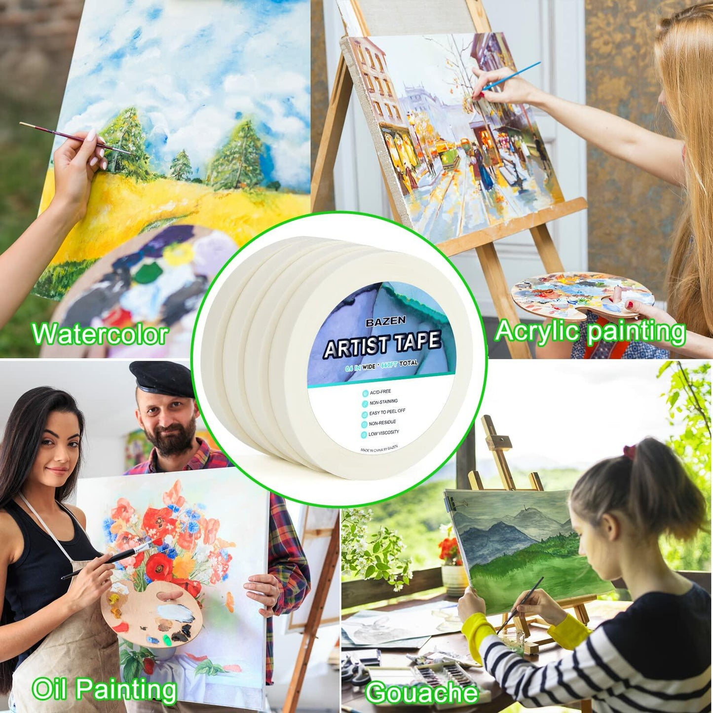 Bazen Artist Tape 4 Pack 1in x 660ft White Acid-Free Masking Tape