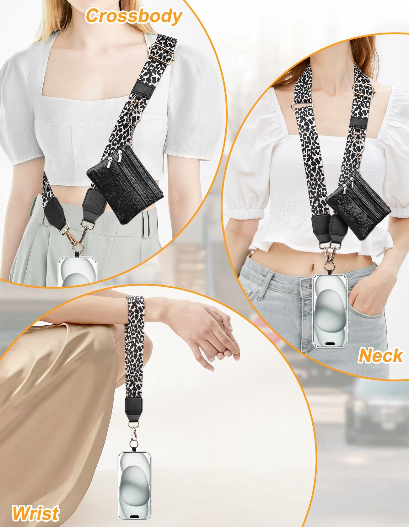 Jusy Clip and Go Phone Strap with Wallet Crossbody Leopard Adjustable Lanyard
