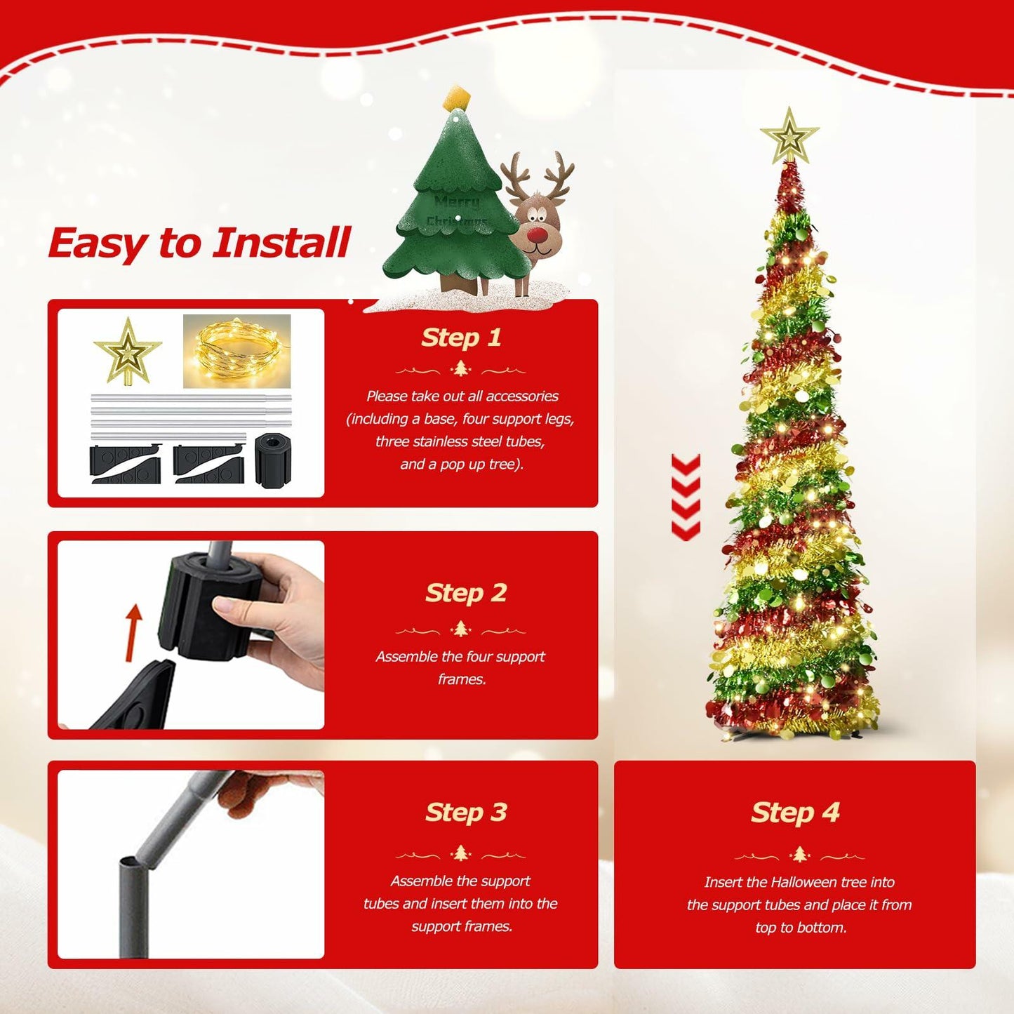 Miracleart 5FT Pop Up Christmas Tree LED Lights Tree Topper Red Green Gold US2ft