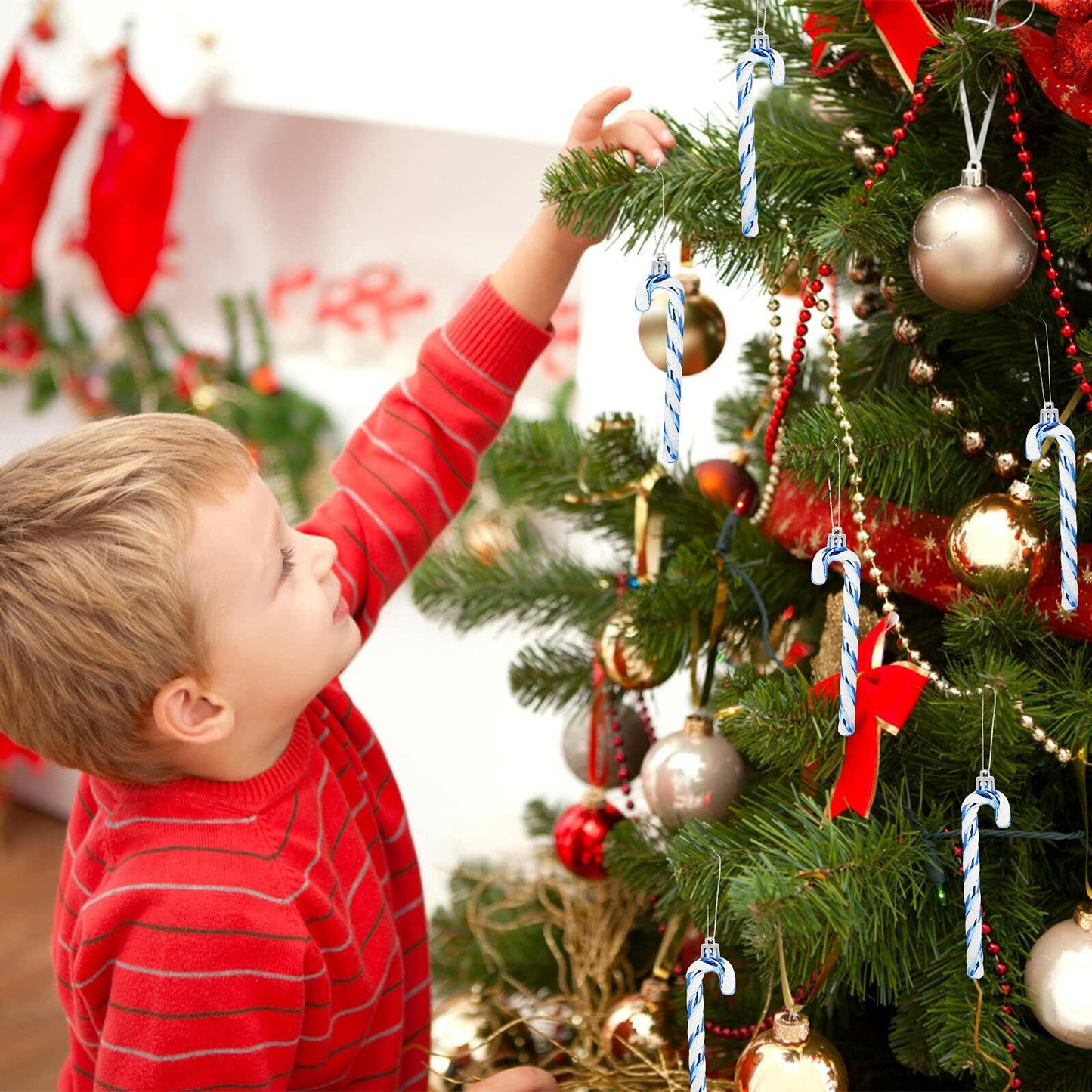 GWHOLE Blue Glitter Candy Cane Ornaments 12 Pcs Christmas Tree Decor