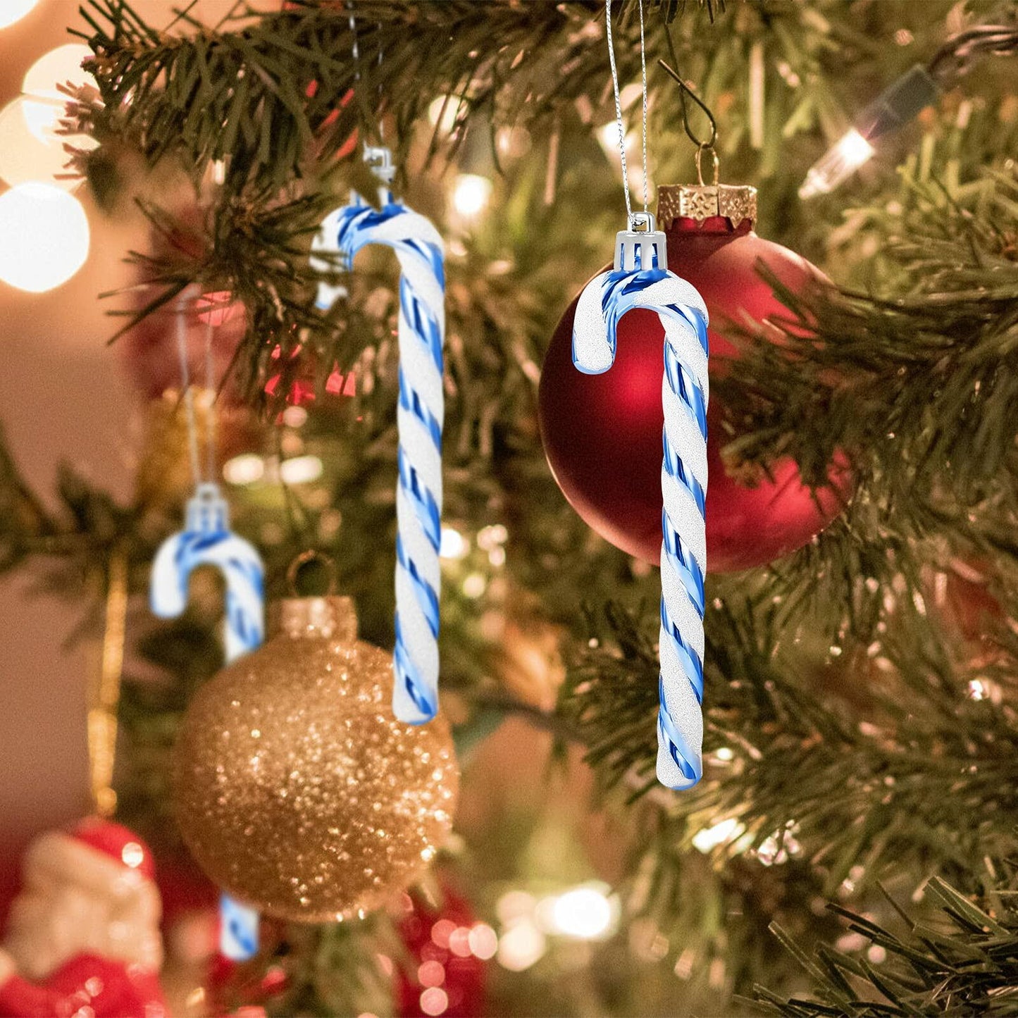 GWHOLE Blue Glitter Candy Cane Ornaments 12 Pcs Christmas Tree Decor