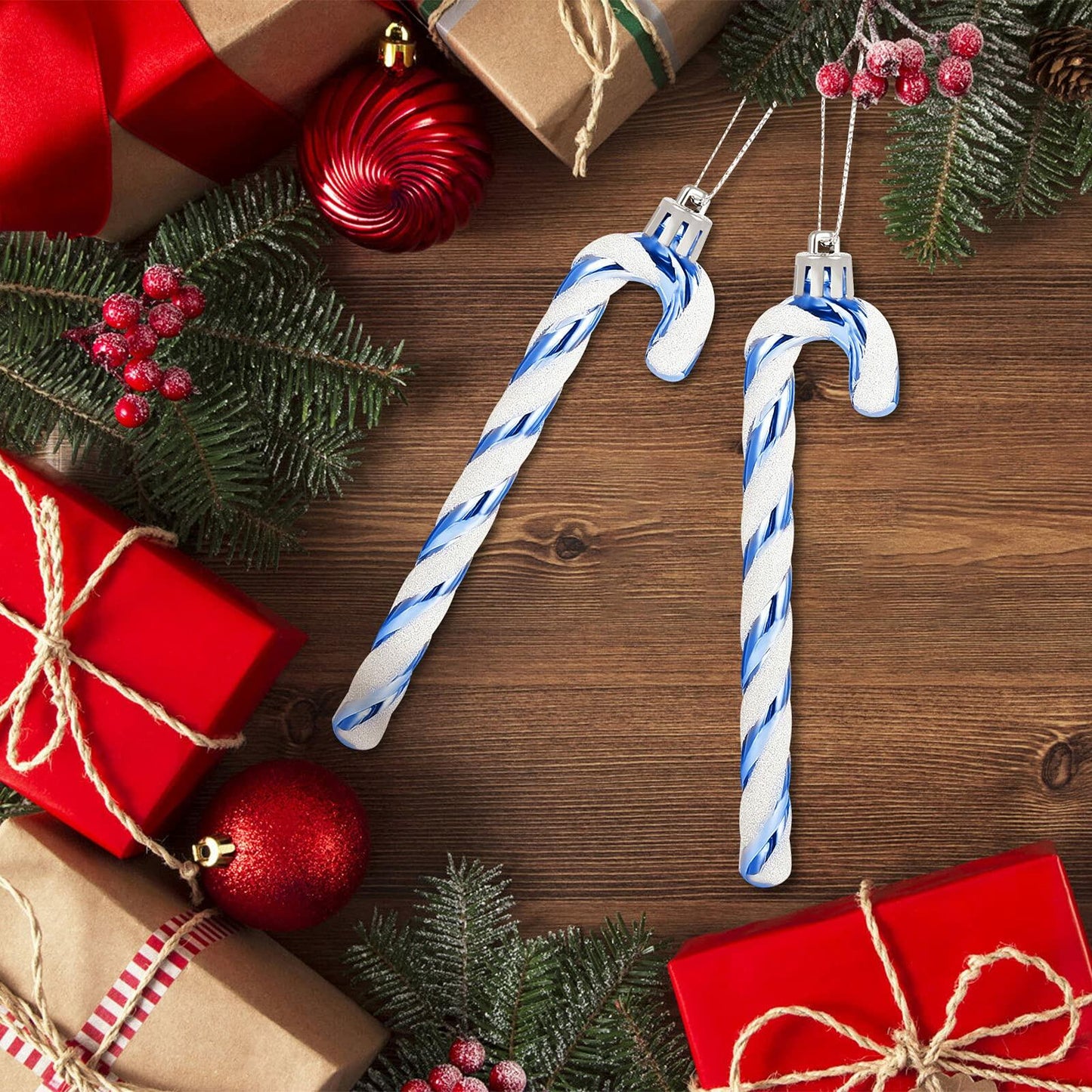 GWHOLE Blue Glitter Candy Cane Ornaments 12 Pcs Christmas Tree Decor