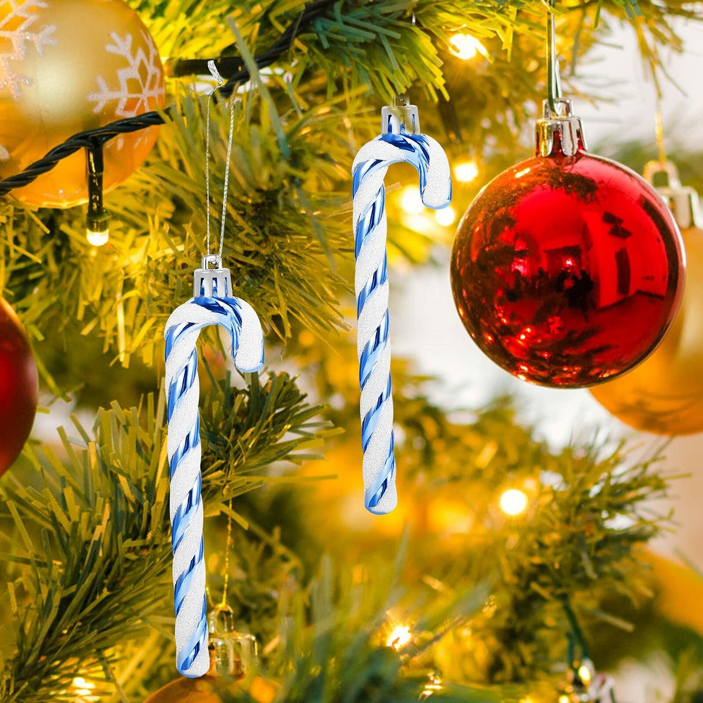 GWHOLE Blue Glitter Candy Cane Ornaments 12 Pcs Christmas Tree Decor