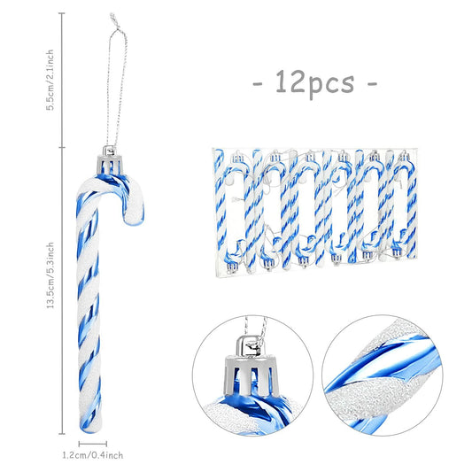 GWHOLE Blue Glitter Candy Cane Ornaments 12 Pcs Christmas Tree Decor