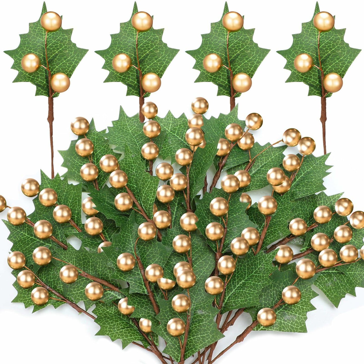 Thiccywoov 30 Pack Artificial Holly Berry Picks Gold Christmas Decoration