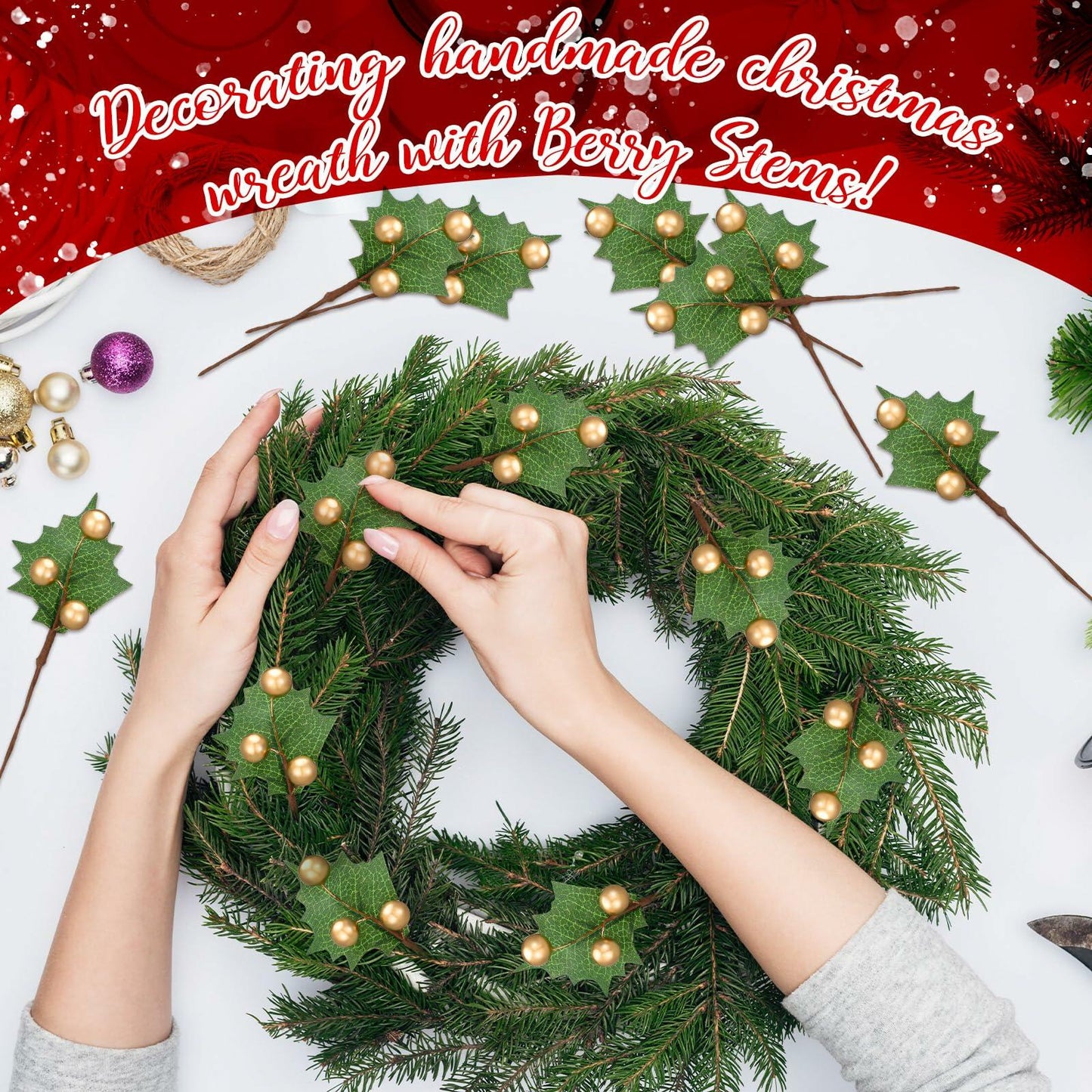 Thiccywoov 30 Pack Artificial Holly Berry Picks Gold Christmas Decoration