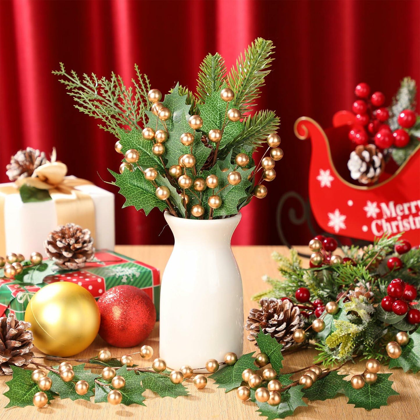 Thiccywoov 30 Pack Artificial Holly Berry Picks Gold Christmas Decoration