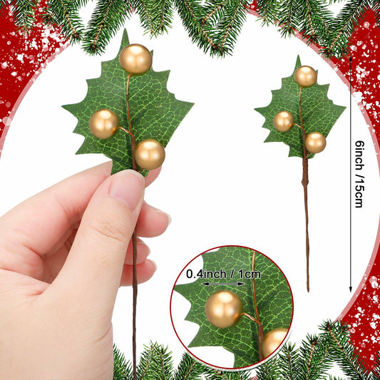 Thiccywoov 30 Pack Artificial Holly Berry Picks Gold Christmas Decoration