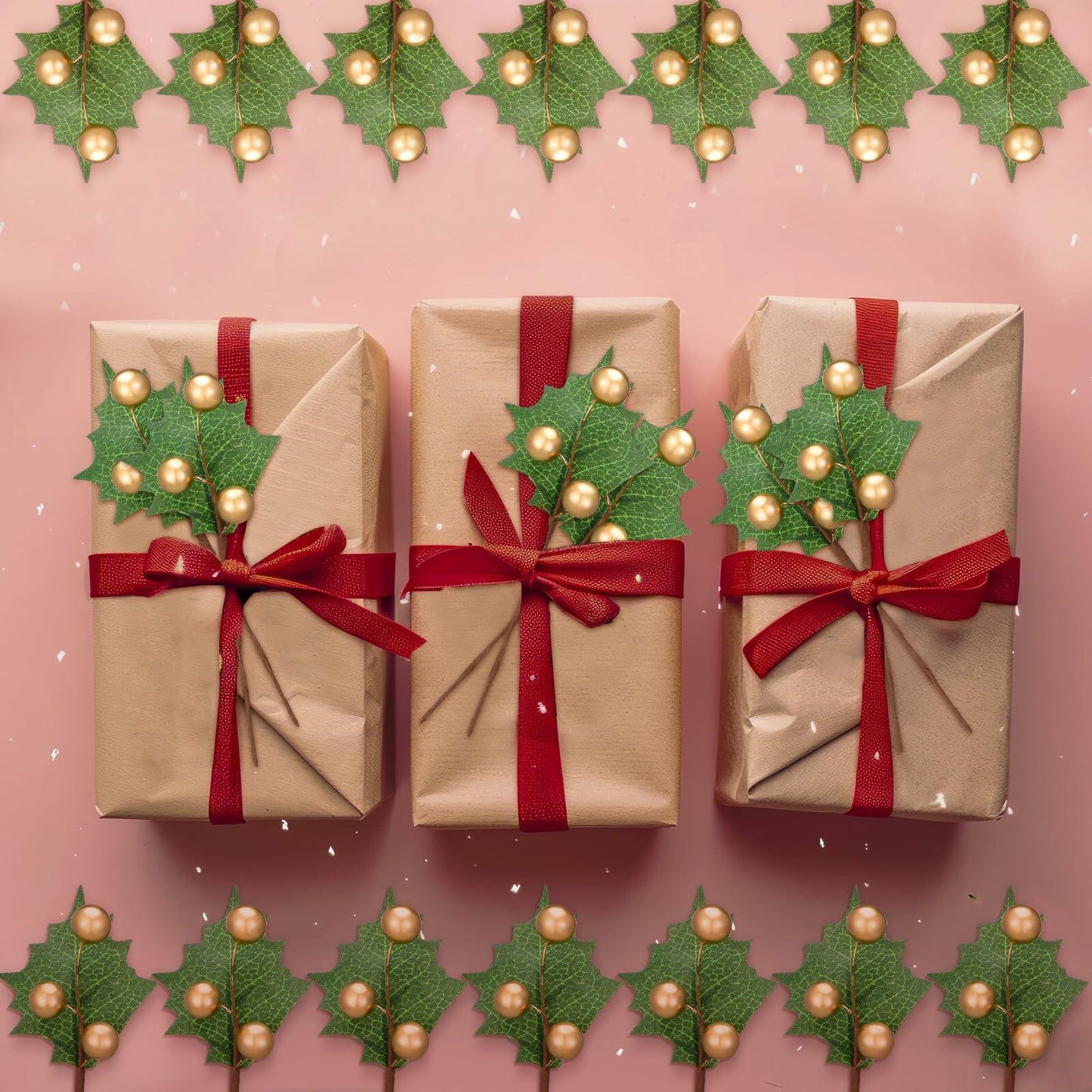Thiccywoov 30 Pack Artificial Holly Berry Picks Gold Christmas Decoration